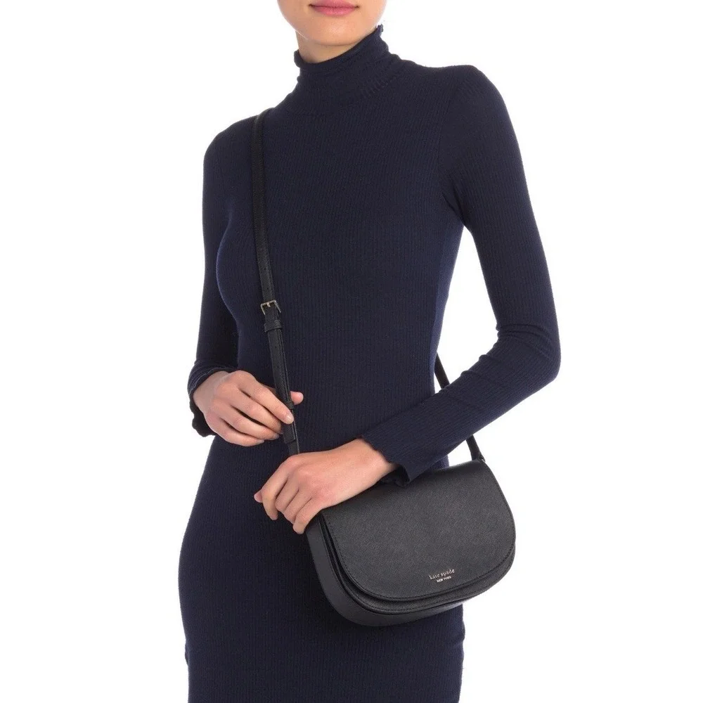 KATE SPADE BLACK SAFFIANO LEATHER FLAP STYLE SMALL CROSSBODY BAG PURSE‎ ~ EUC